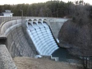 [the dam at nepaug reservoir, water flowing over the spillway, forming the stream that The Young Professor swam in]